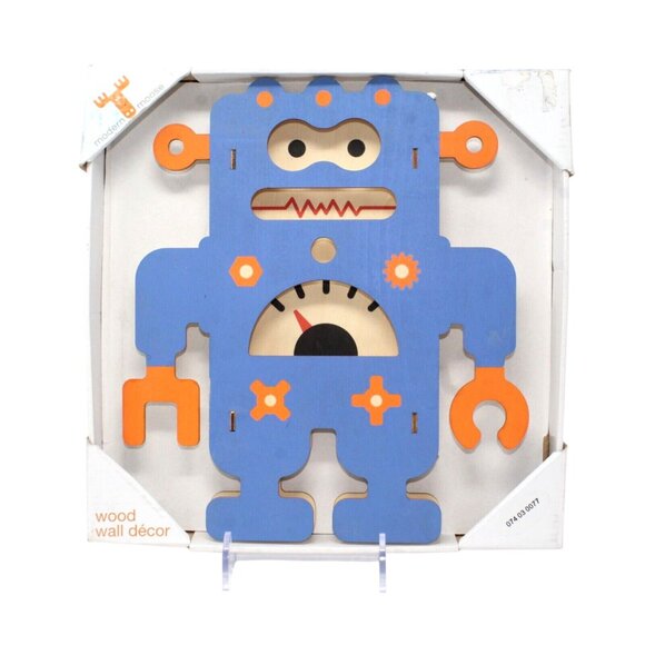Modern Moose Blue Orange 11" Wooden Robot Sci Fi Space Wall Decoration Unisex - Picture 1 of 3